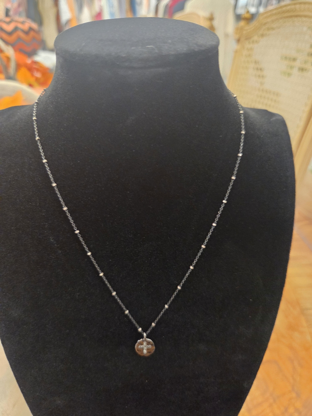 Delicate Black Beaded Cross Pendant Necklace